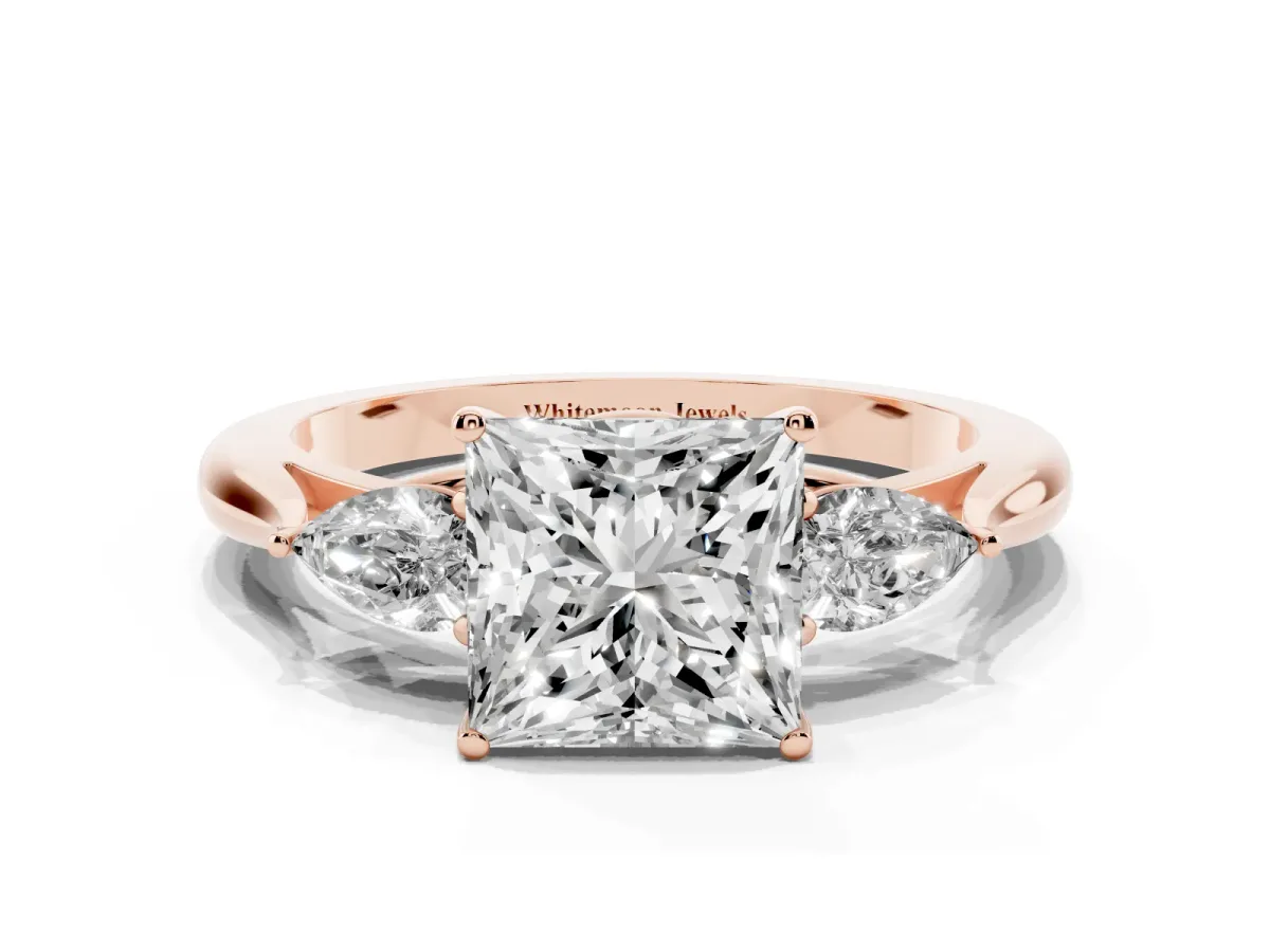 Three-Stone Princess Cut Brilliant Diamond Solitaire Ring with Tapered Band and Four-Prong Setting Rose gold
