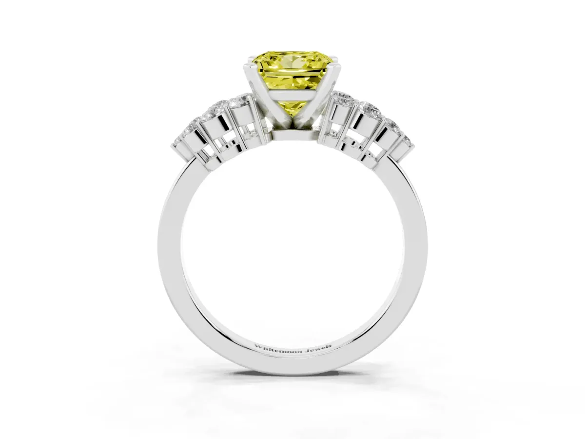 Fancy Yellow Princess Cut Cluster Diamond Engagement Ring with Pavé Band and Four-Prong Setting Platinum