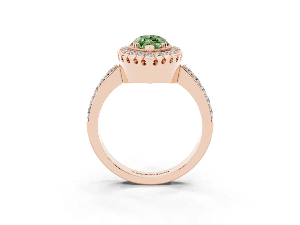 Fancy Green Marquise Cut Diamond Halo Ring with Pavé Band and Prong Setting Rose gold
