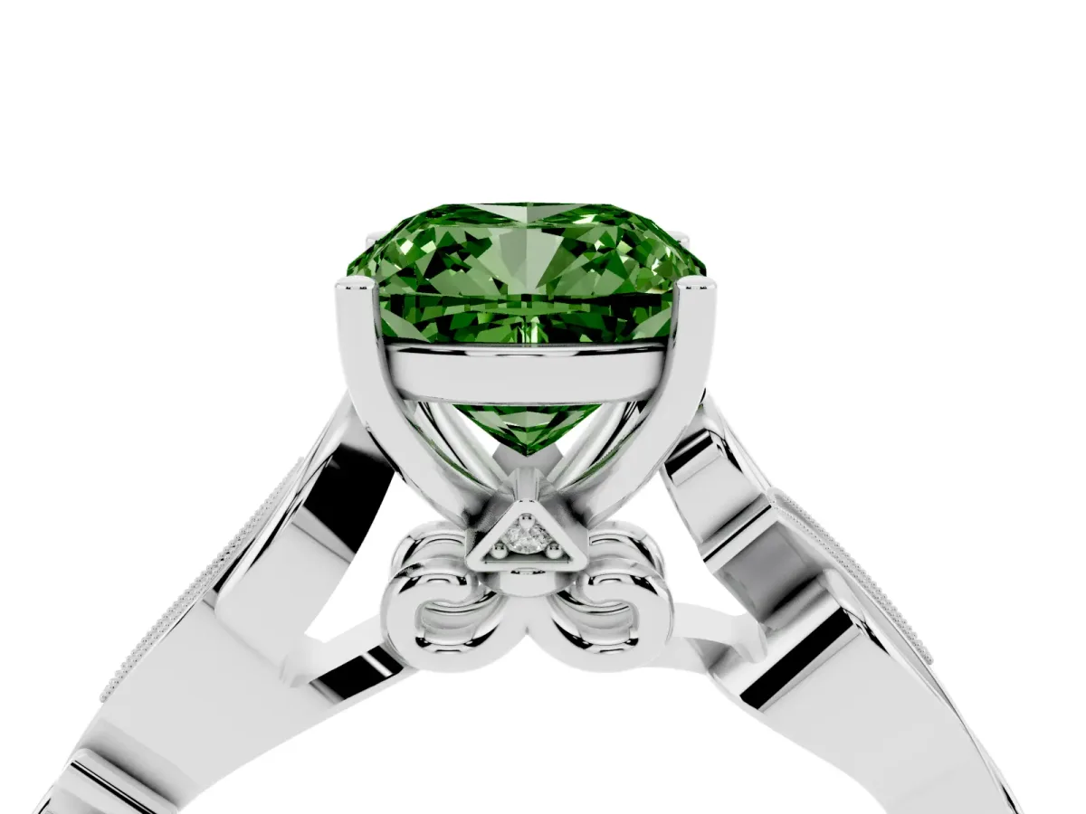 Fancy Green Cushion Cut Solitaire Vine Band with Milgrain Prong Setting Platinum