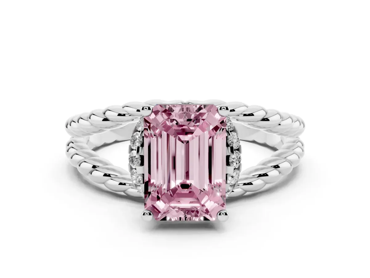 Fancy Pink Emerald Cut Halo Twisted Band Four-Prong Ring Silver