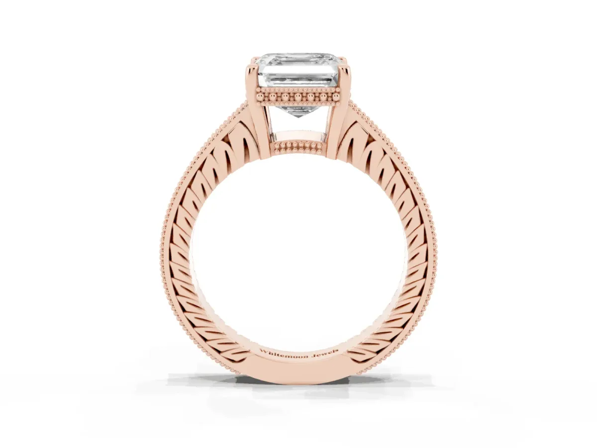 Asscher Cut Solitaire Pavé Diamond Milgrain Engagement Ring with Four-Prong Setting Rose gold