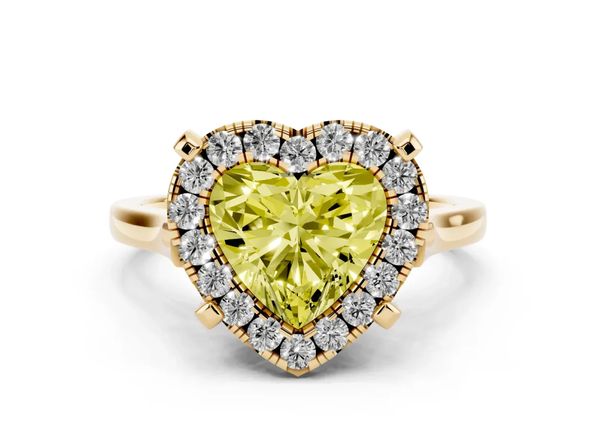 Fancy Yellow Heart Cut Diamond Cluster Halo Solitaire with Four-Prong Setting Yellow gold