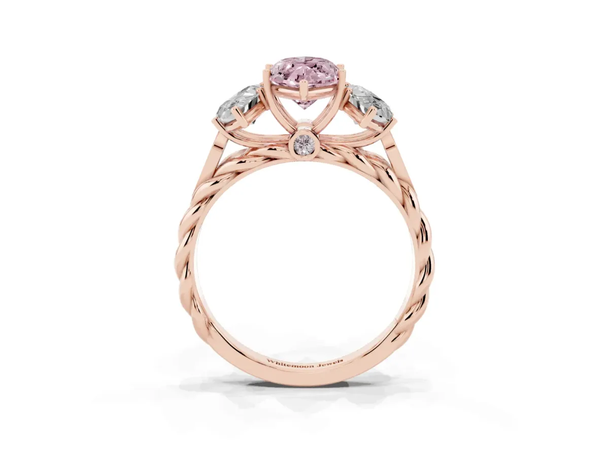 Fancy Pink Three-Stone Marquise Cut Diamond Braided Band Ring with Four-Prong Setting Rose gold
