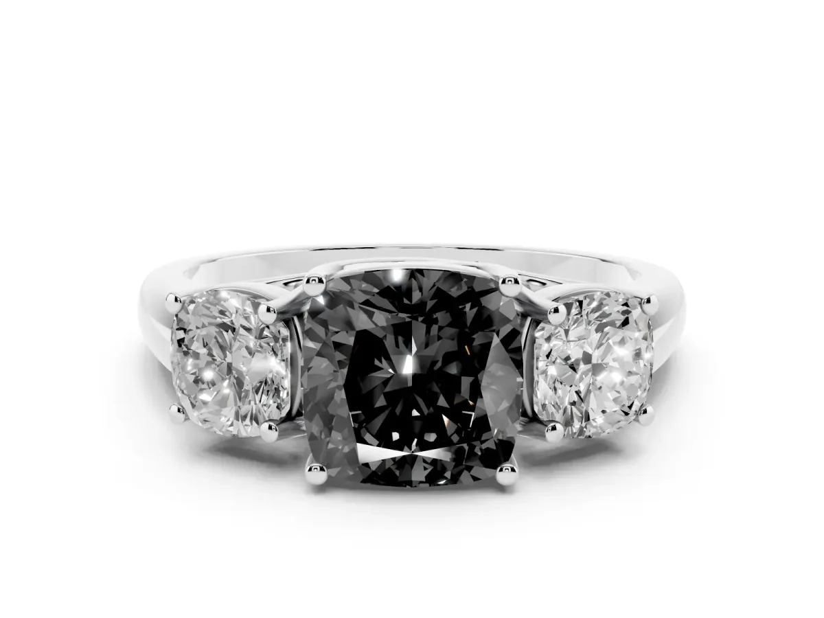 Fancy Black Three-Stone Cushion Cut Diamond Engagement Ring with Prong Setting Silver