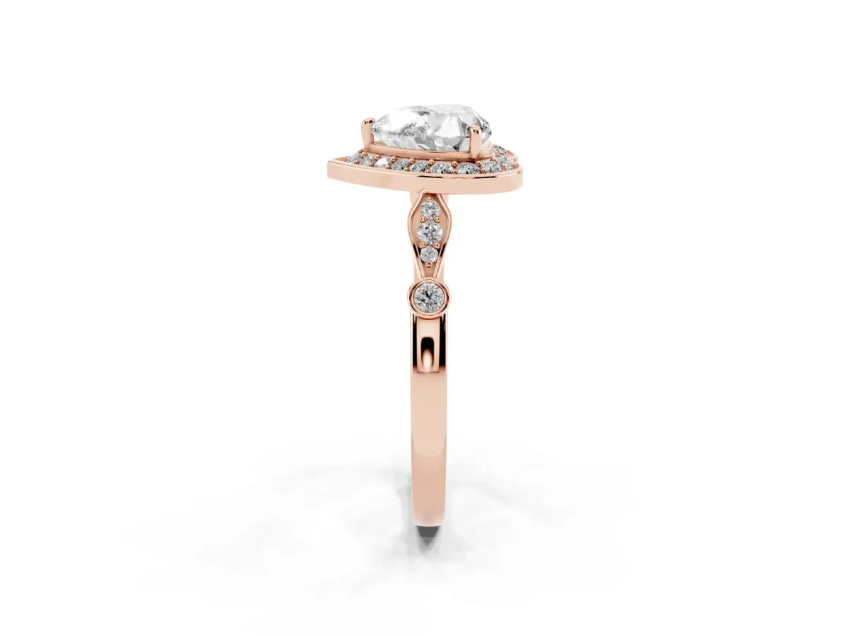Heart Cut Halo Diamond Engagement Ring with Twisted Band and Four-Prong Setting Rose gold