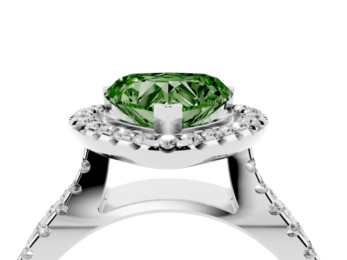 Fancy Green Heart Cut Diamond Halo Ring with Split Shank Pavé Band and Prong Setting Silver