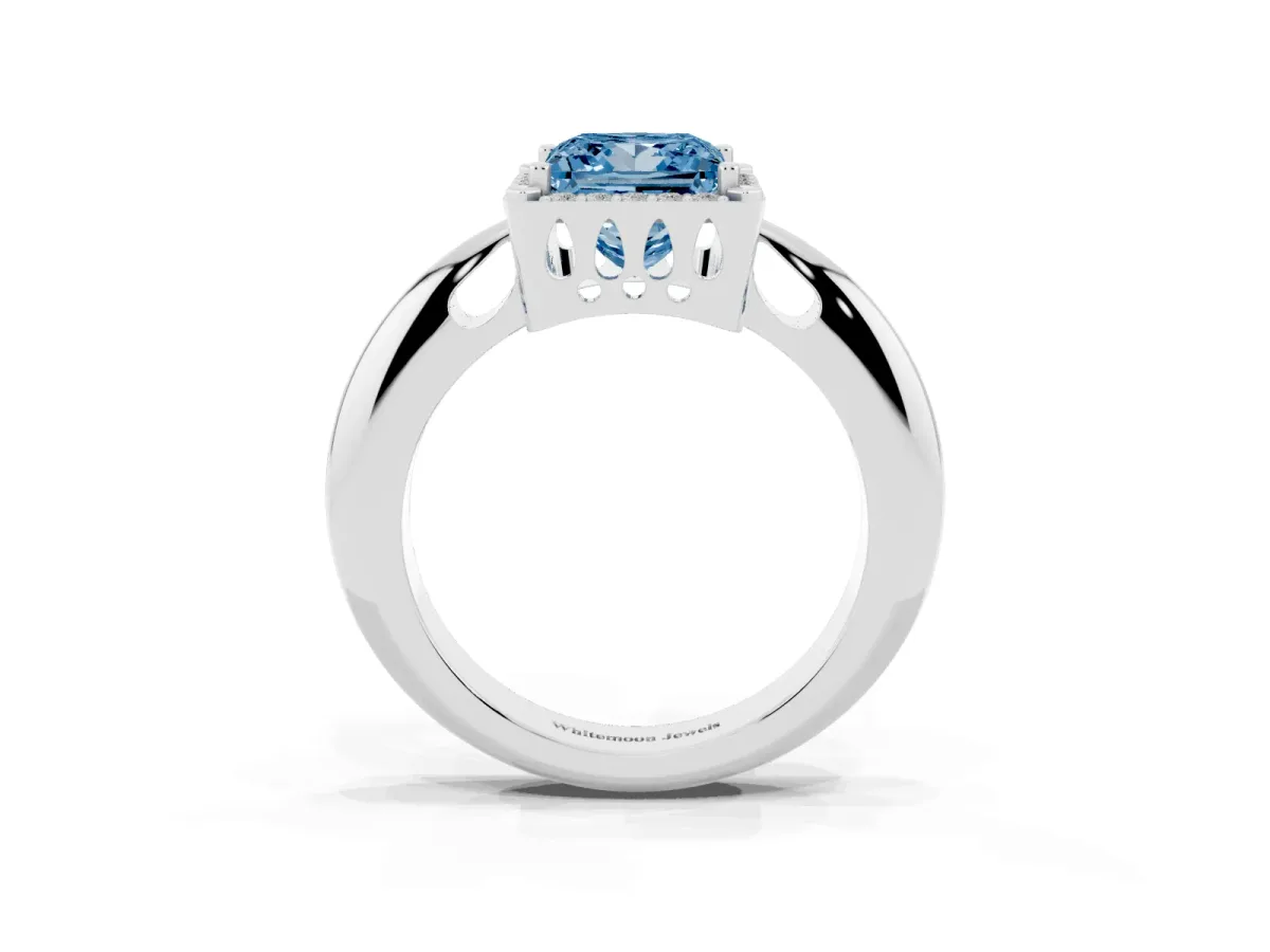 Fancy Blue Princess Cut Cut Diamond Halo Engagement Ring with Split Shank and Four-Prong Setting Silver