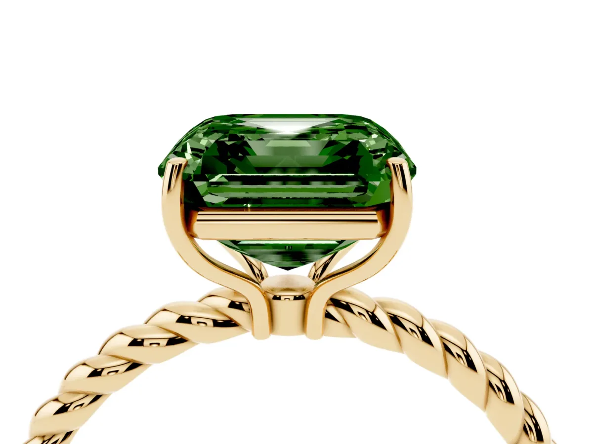 Fancy Green Asscher Cut Solitaire Twist Band Ring with Four-Prong Setting Yellow gold