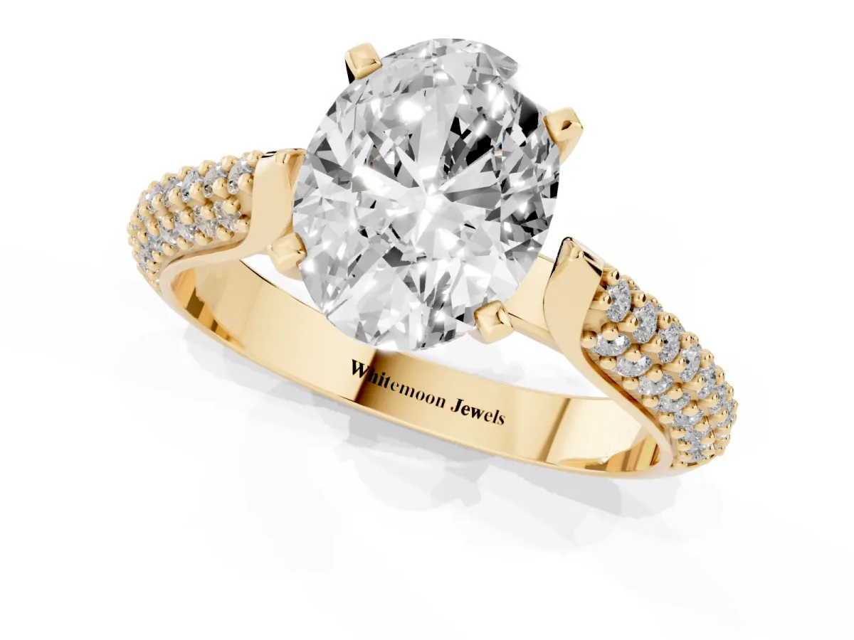 Oval Cut Diamond Solitaire Engagement Ring with Multi-Row Round Pavé Band and Prong Setting Yellow gold