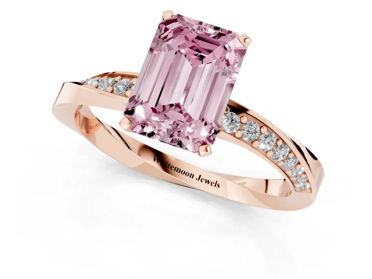 Fancy Pink Emerald Cut Diamond Engagement Ring with Side Stone Accents and Four-Prong Setting Rose gold