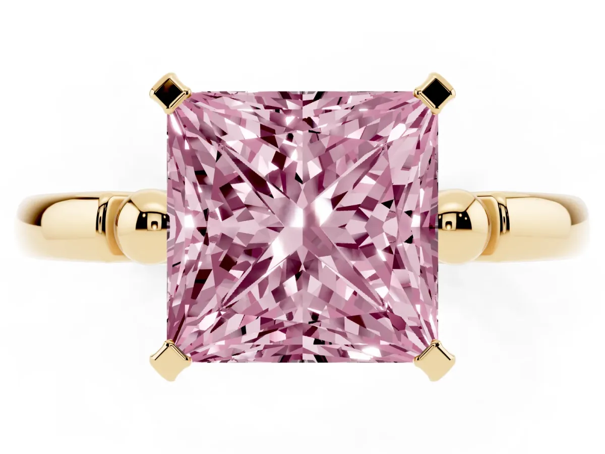 Fancy Pink Princess Cut Solitaire Beaded Band with Four-Prong Setting Yellow gold