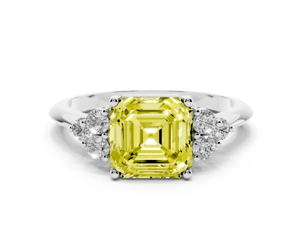 Fancy Yellow Asscher Cut Cut Diamond Cluster Ring with Solitaire Band and Four-Prong Setting Silver