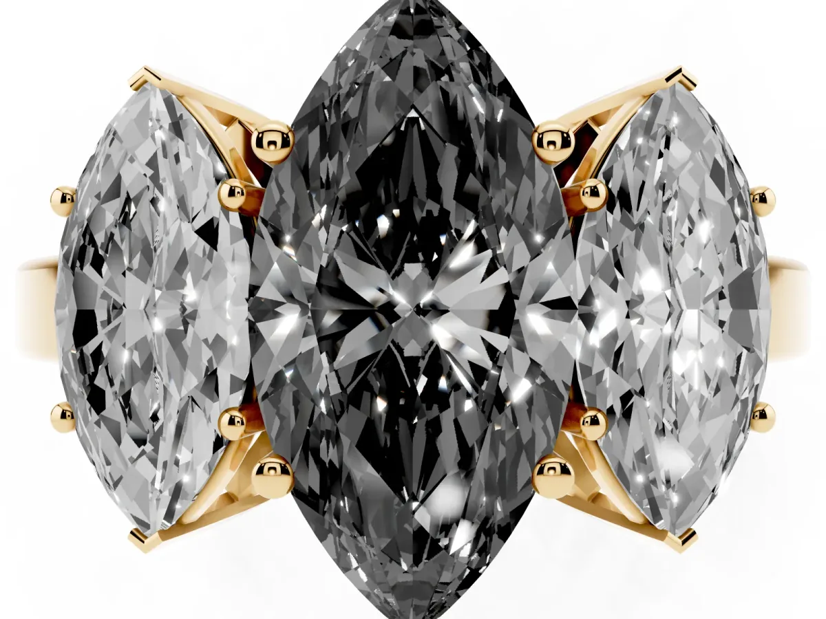 Fancy Black Three-Stone Marquise Cut Cut Diamond Engagement Ring with Flat Band and Four-Prong Setting Yellow gold