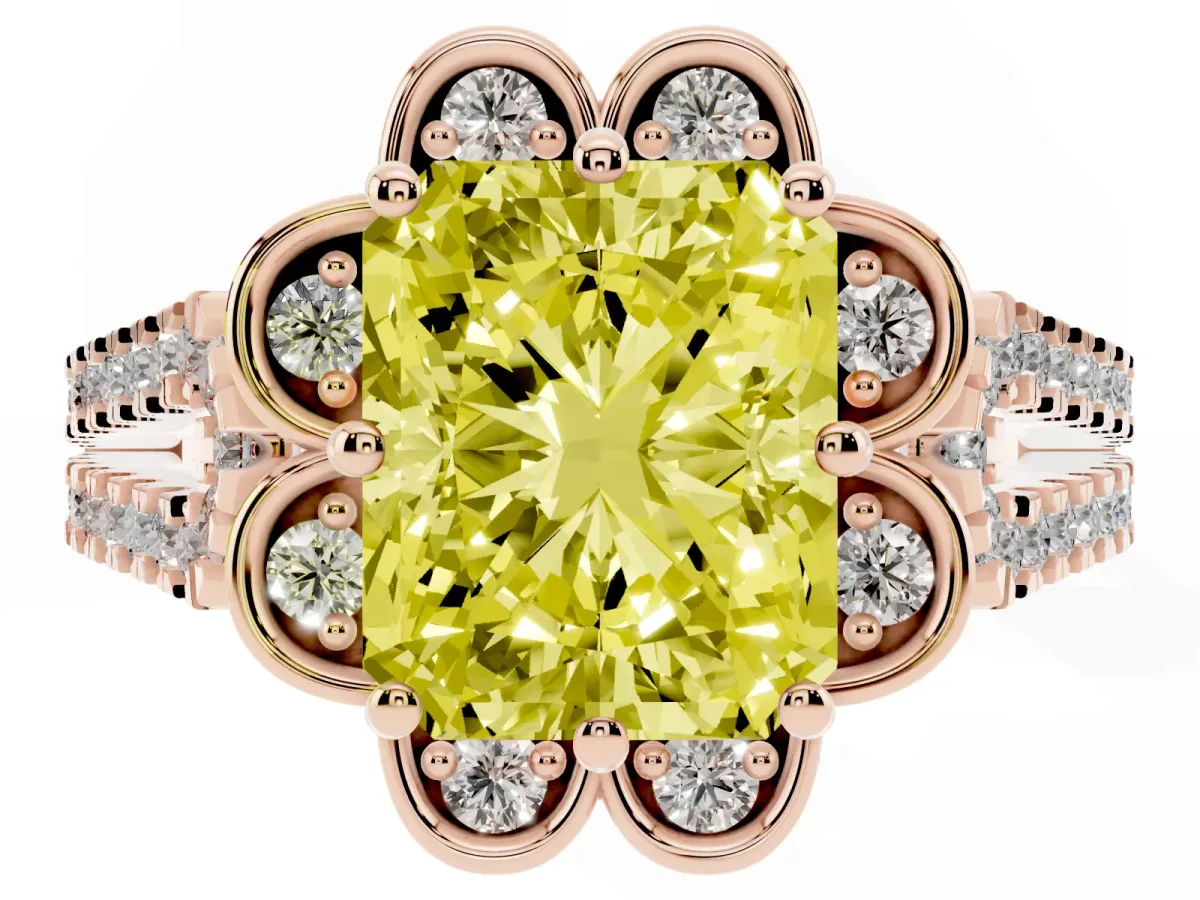 Fancy Yellow Radiant Cut Halo Diamond Floral Split Shank Engagement Ring Rose gold