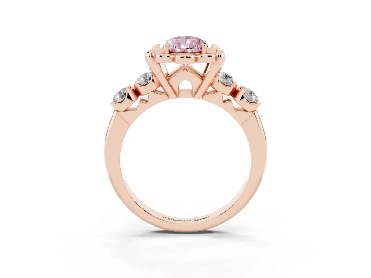Fancy Pink Pear Cut Cut Diamond Floral Halo Engagement Ring with Shared Prong Setting Rose gold