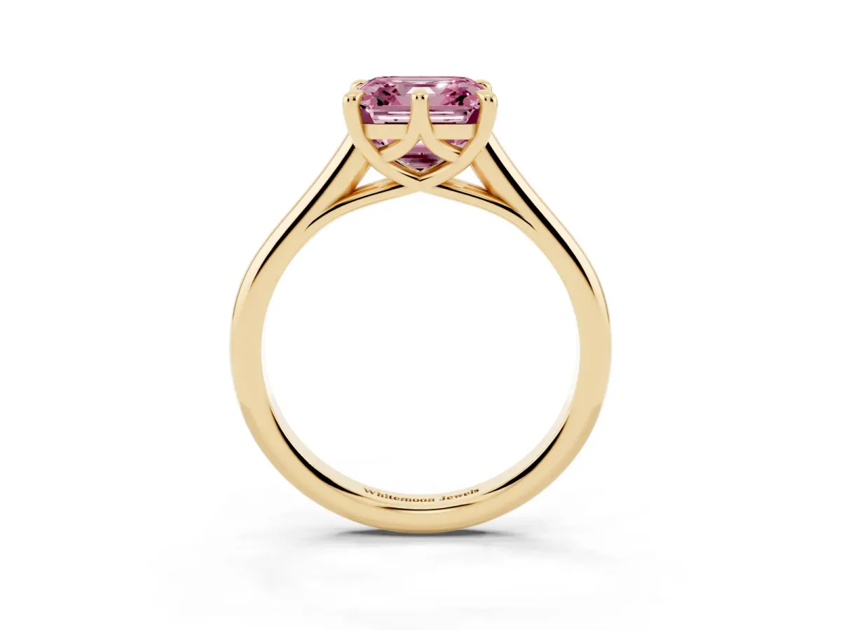 Fancy Pink Asscher Cut Solitaire Engagement Ring with Six-Prong Setting and Classic Band Yellow gold