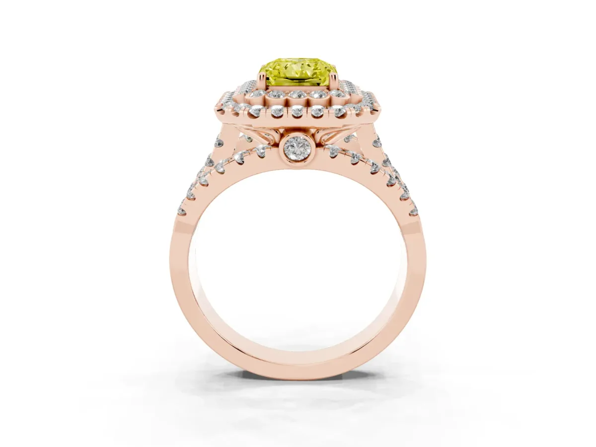 Fancy Yellow Radiant Cut Diamond Double Halo Ring with Round Pavé Split Shank and Prong Setting Rose gold