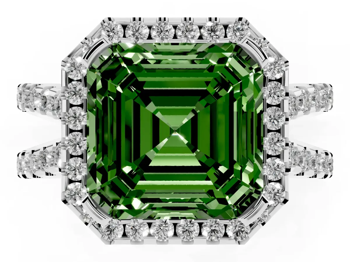 Fancy Green Asscher Cut Diamond Halo Ring with Split Shank Pavé Band and Prong Setting Silver