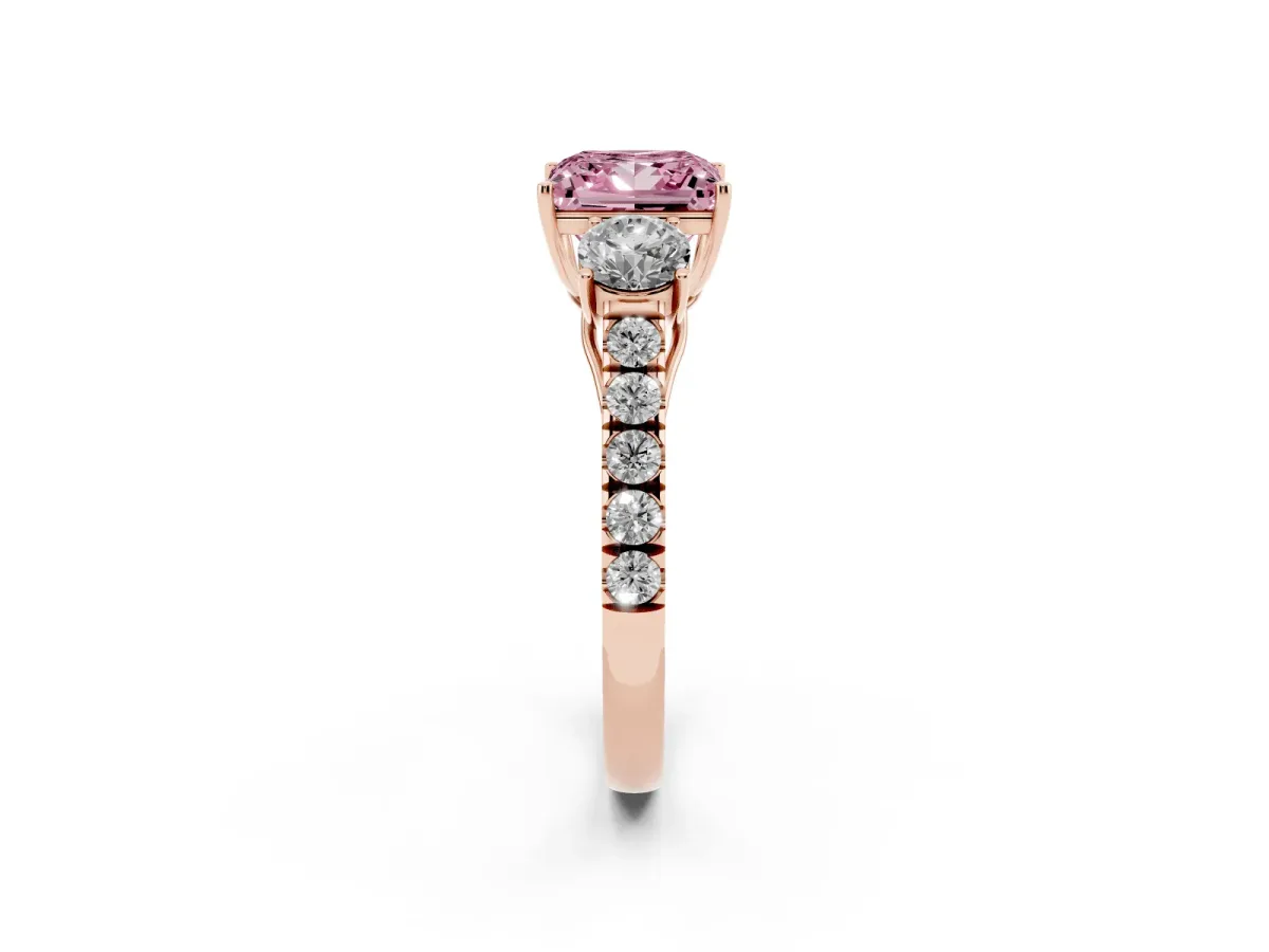 Fancy Pink Princess Cut Cut Diamond Three-Stone Ring with Round Side Stones and Pavé Band Rose gold