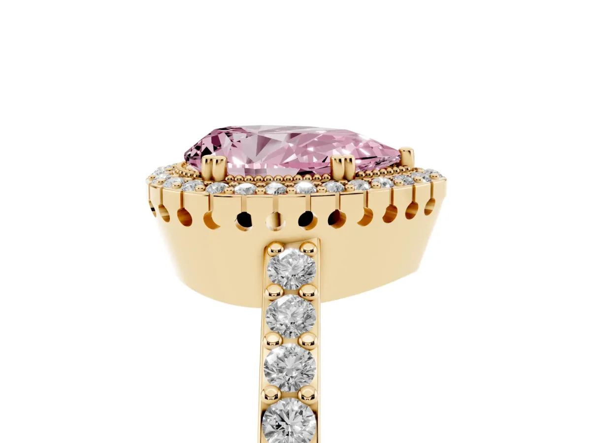 Fancy Pink Pear Cut Cut Diamond Halo Engagement Ring with Milgrain Detail and Pavé Band Yellow gold