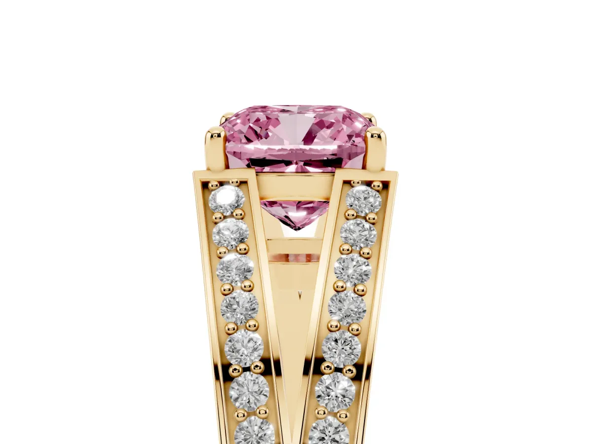 Fancy Pink Cushion Cut Diamond Split Shank Ring with Pavé Band and Four-Prong Setting Yellow gold
