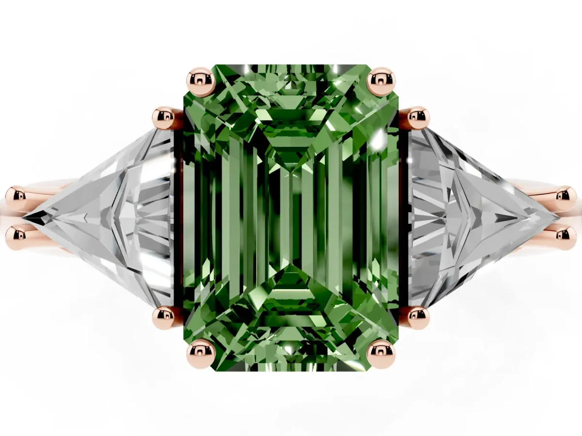 Fancy Green Three-Stone Emerald Cut Diamond Engagement Ring with Trillion Side Stones and Prong Setting Rose gold