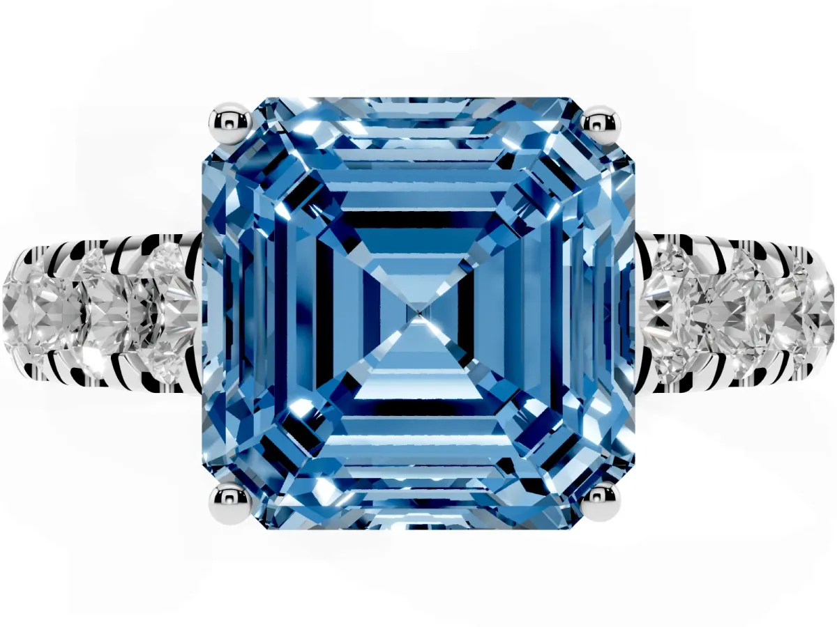 Fancy Blue Asscher Cut Cut Diamond Solitaire Ring with Micro Pave Band and Prong Setting Silver