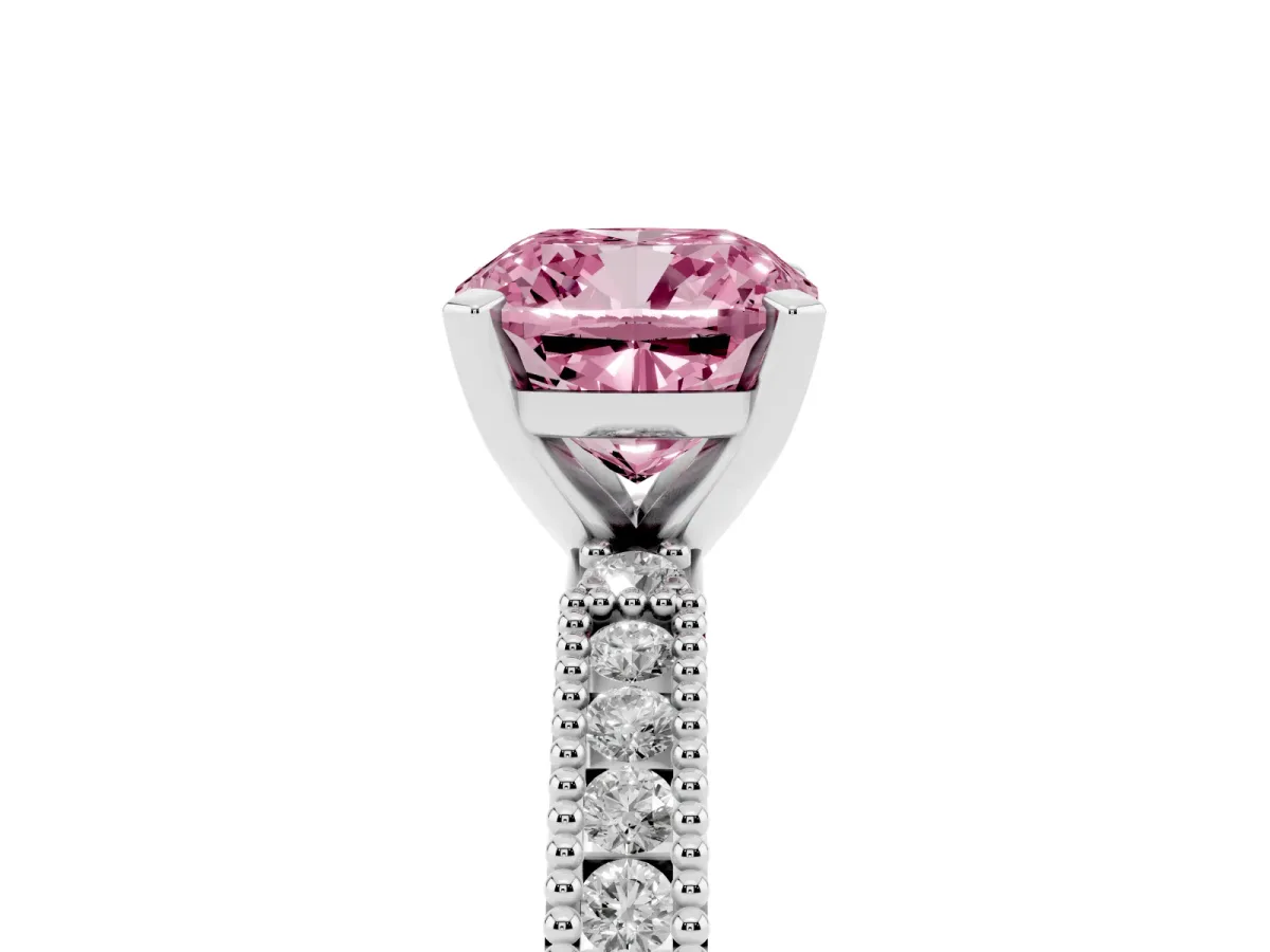 Fancy Pink Cushion Cut Solitaire with Pavé Band and Four-Prong Setting Silver