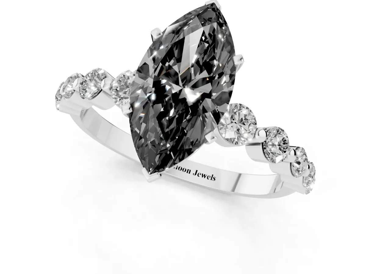 Fancy Black Marquise Cut Solitaire Diamond Ring with Pave Band and Four-Prong Setting Silver
