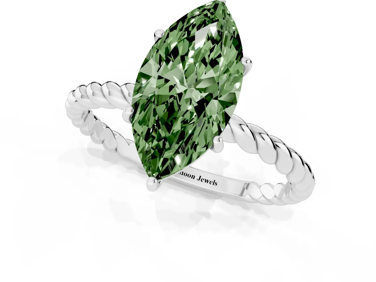 Fancy Green Marquise Cut Solitaire Twist Band Ring with Four-Prong Setting Silver
