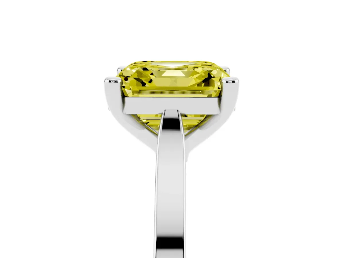 Fancy Yellow Asscher Cut Solitaire Diamond Ring with Four-Prong Setting and Tapered Band Silver