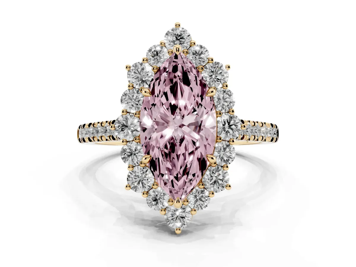 Fancy Pink Marquise Cut Halo Diamond Ring with Pavé Band and Prong Setting Yellow gold