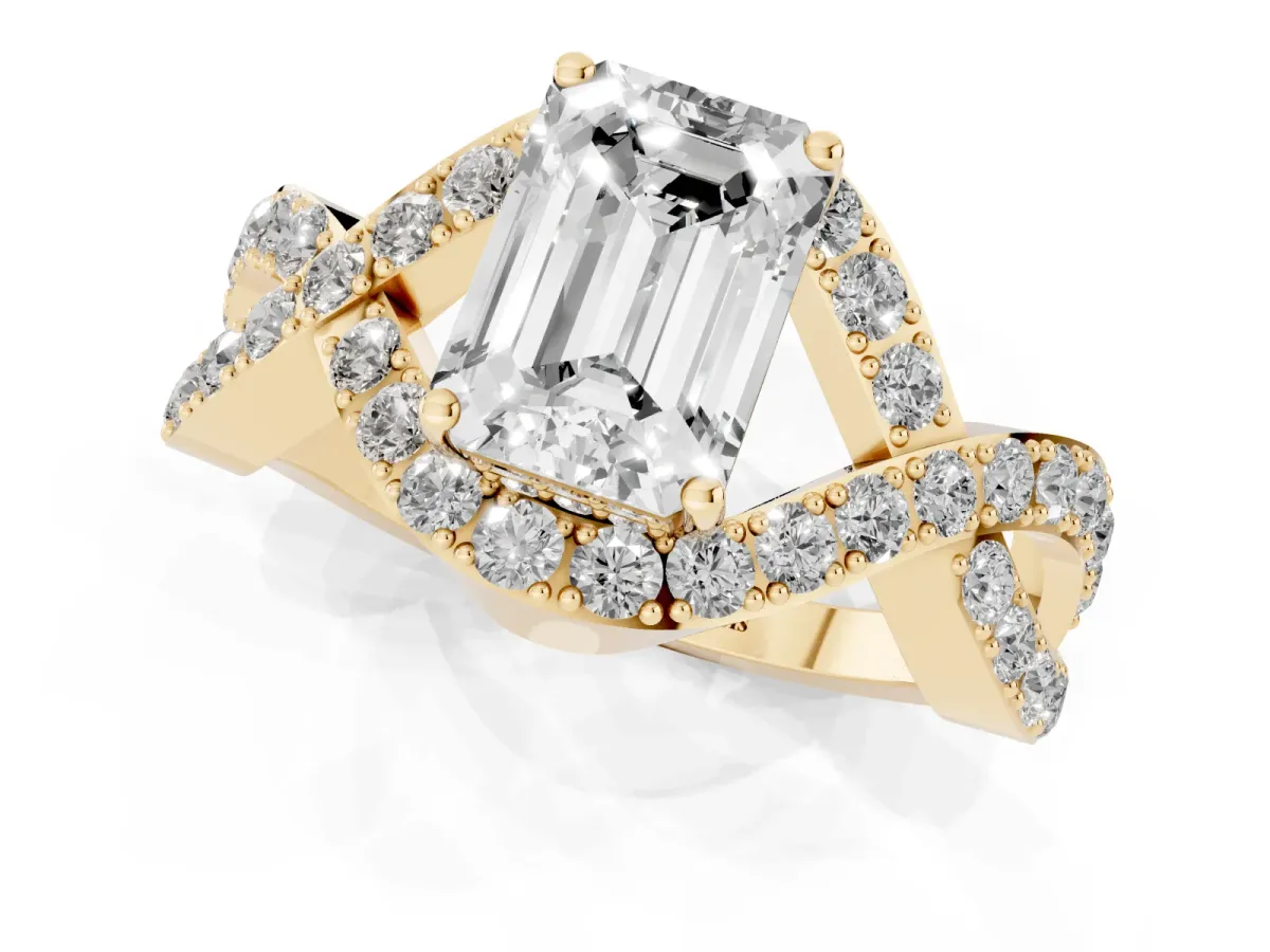 Emerald Cut Solitaire Twist Band Pavé Diamond Engagement Ring Yellow gold