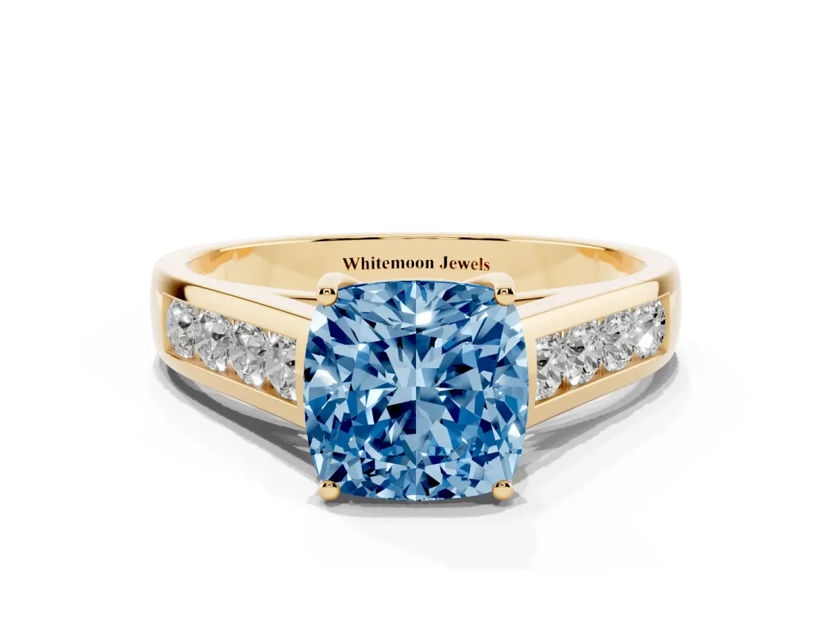 Fancy Blue Cushion Cut Solitaire Channel-Set Diamond Engagement Ring with Four-Prong Setting Yellow gold