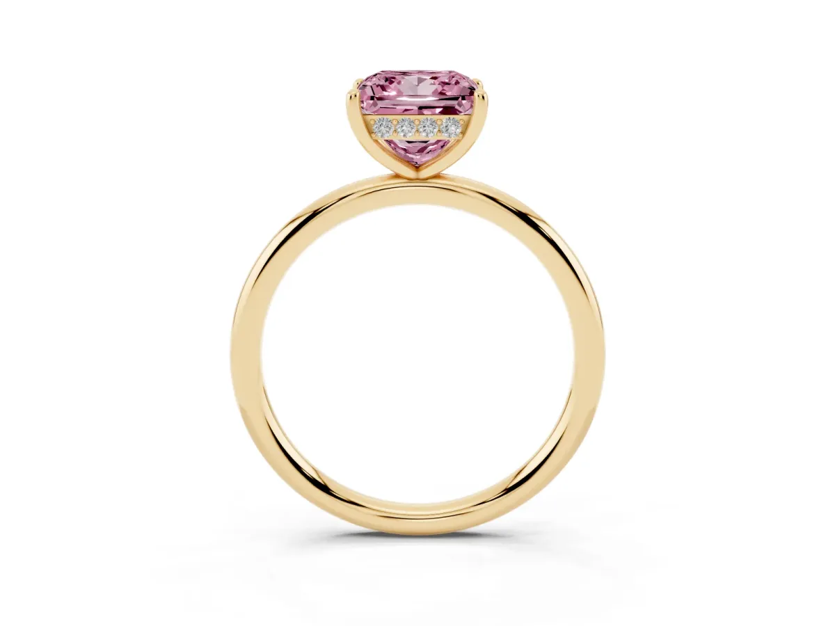 Fancy Pink Princess Cut Solitaire Diamond Ring with a Classic Band and Four-Prong Setting Yellow gold
