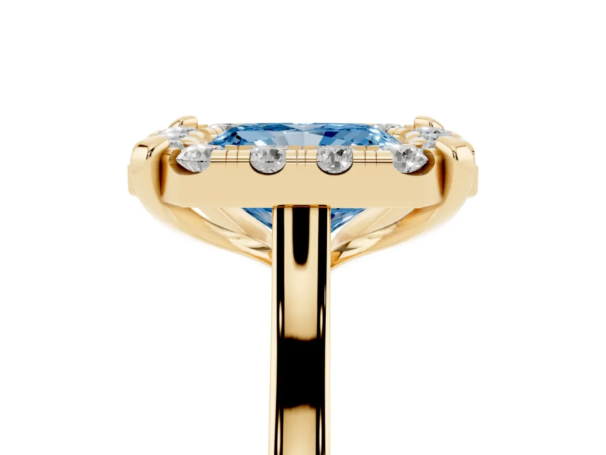 Fancy Blue Radiant Cut Diamond Cluster Halo Solitaire with Four-Prong Setting Yellow gold