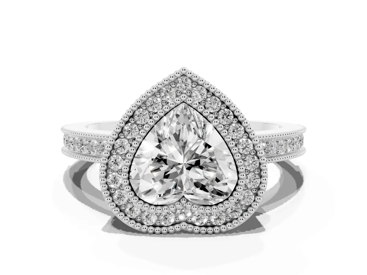 Heart Cut Cut Halo Diamond Ring with Pavé Band and Milgrain Prong Setting White gold