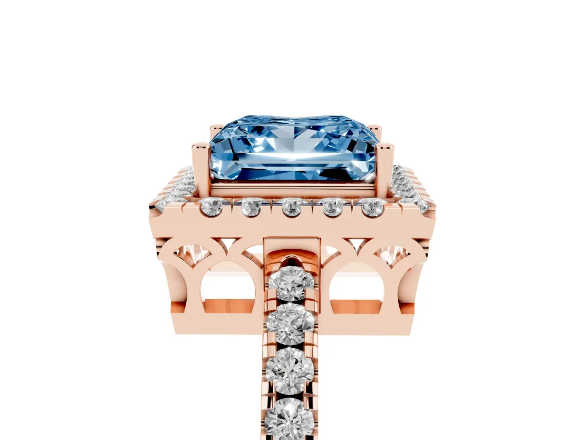 Fancy Blue Princess Cut Halo Diamond Engagement Ring with Pavé Band and Four-Prong Setting Rose gold