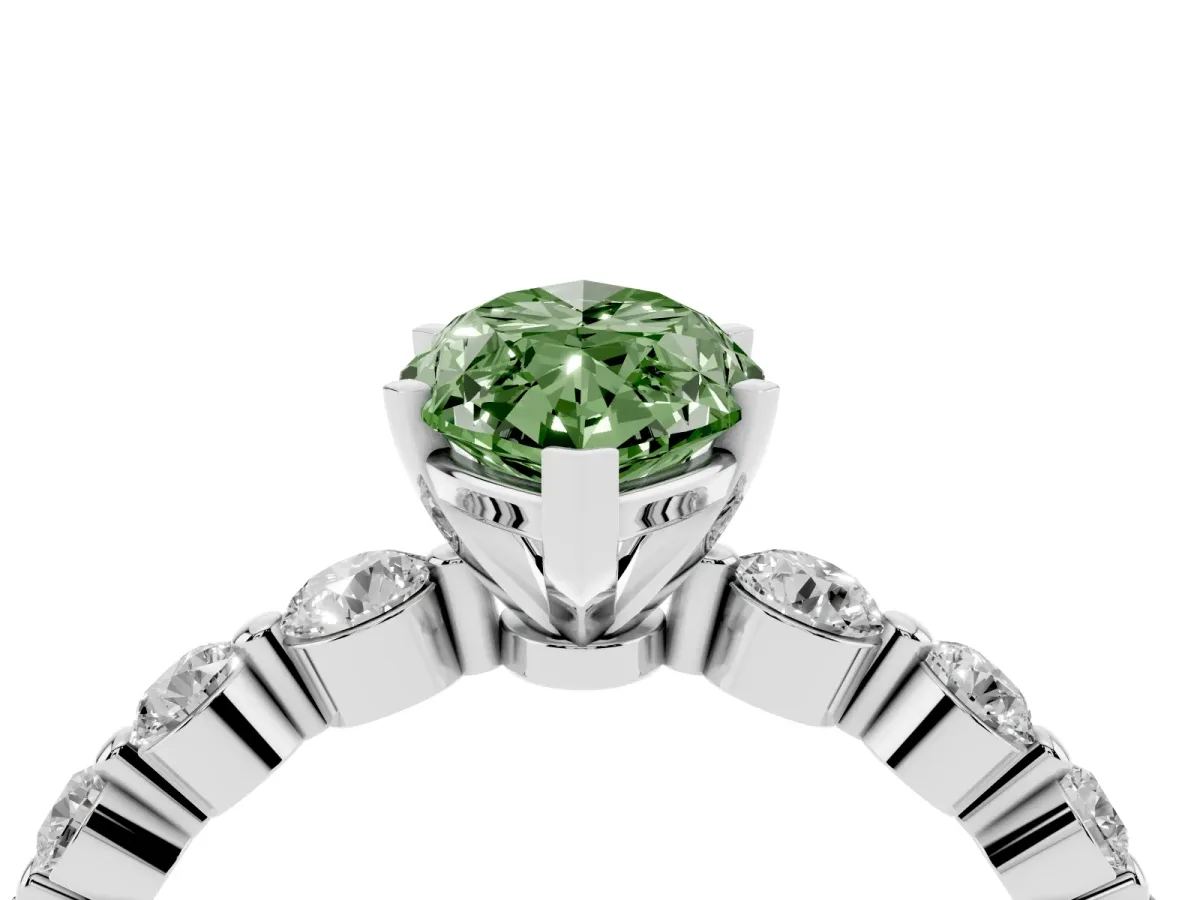 Fancy Green Marquise Cut Solitaire Diamond Ring with Pave Band and Four-Prong Setting White gold