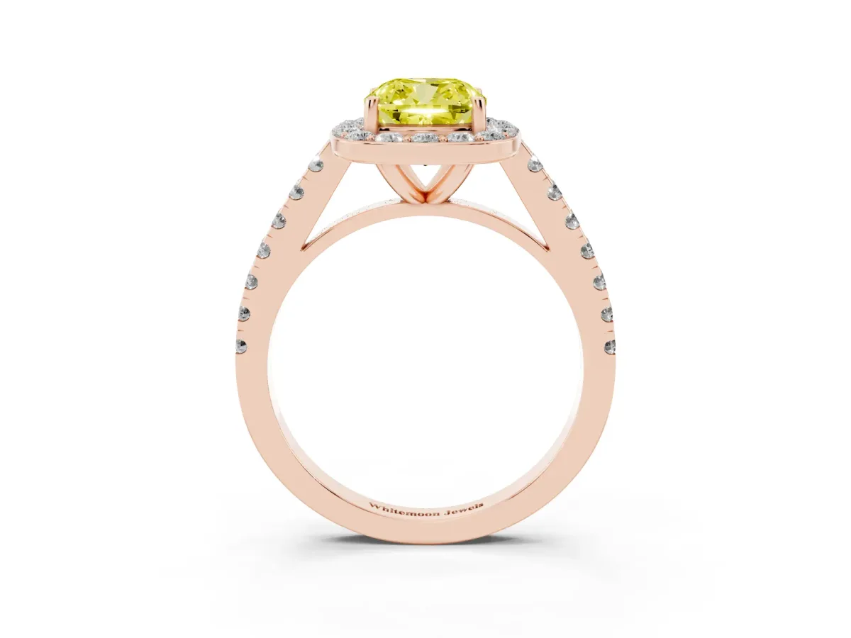 Fancy Yellow Cushion Cut Diamond Halo Ring with Round Pavé Split Shank and Prong Setting Rose gold