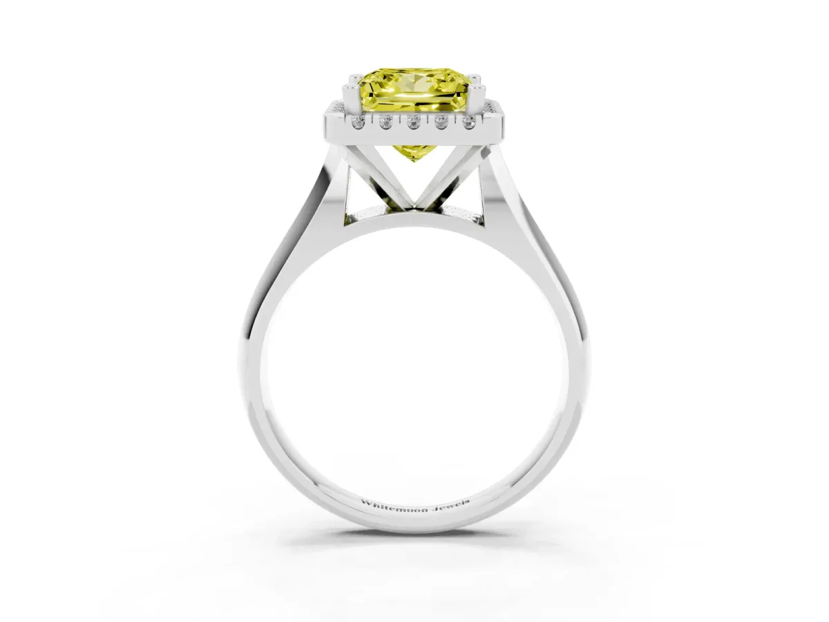 Fancy Yellow Princess Cut Cut Halo Solitaire Engagement Ring with Square Band and Four-Prong Setting Silver