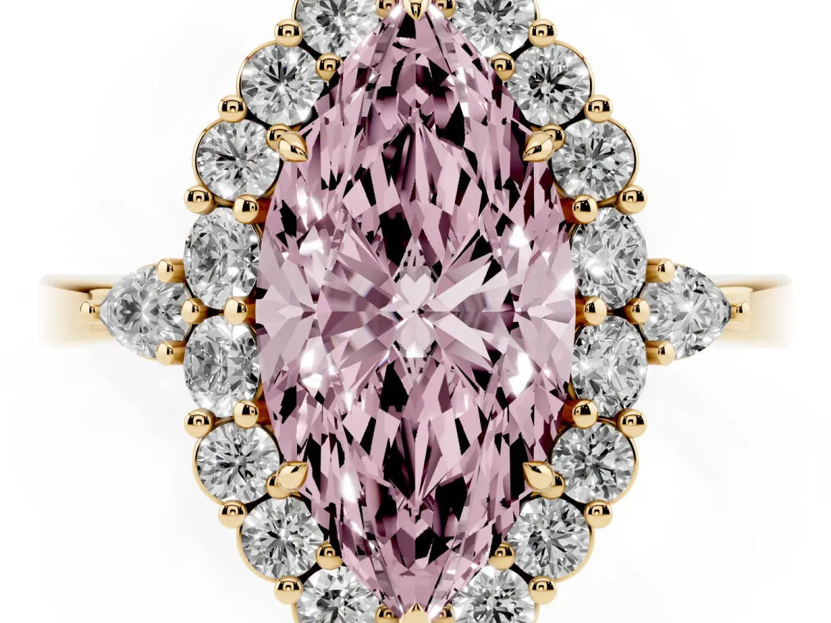Fancy Pink Marquise Cut Diamond Halo Ring with Pear Side Stones and Prong Setting Yellow gold
