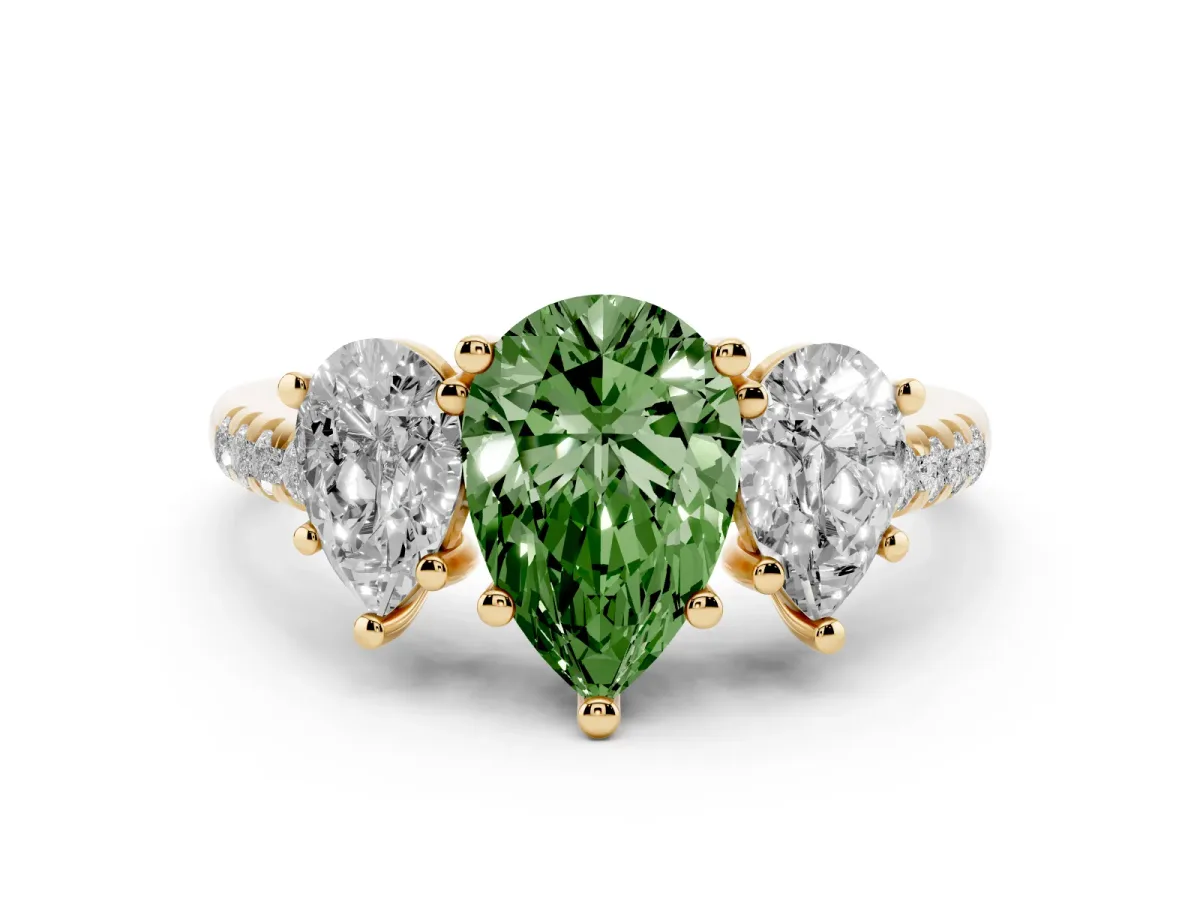Fancy Green Three-Stone Pear Cut Diamond Ring with Round Pavé Band and Prong Setting Yellow gold