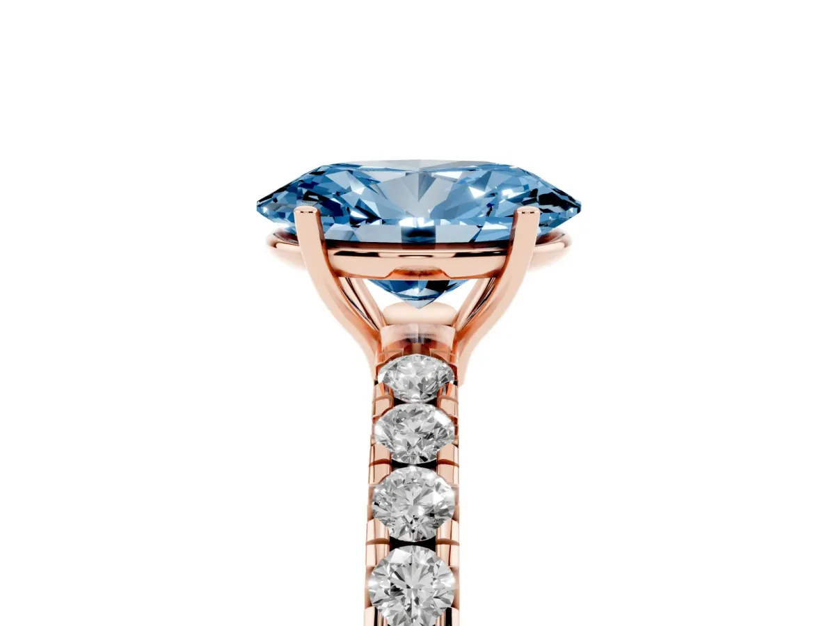 Fancy Blue Oval Cut Diamond Pavé Solitaire Engagement Ring with Four-Prong Setting Rose gold
