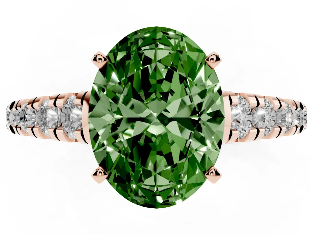 Fancy Green Oval Cut Diamond Cathedral Solitaire Ring with Round Pavé Band Rose gold