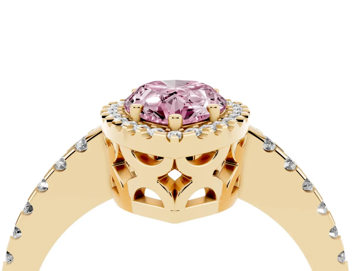 Fancy Pink Pear Cut Diamond Halo Engagement Ring with Pavé Band and Prong Setting Yellow gold