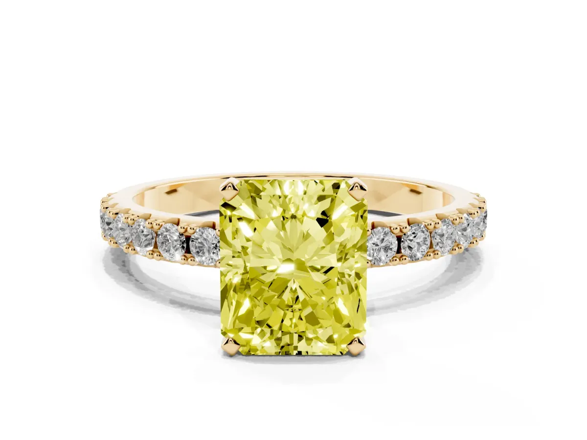 Fancy Yellow Radiant Cut Diamond Solitaire Pavé Band with Four-Prong Setting Yellow gold
