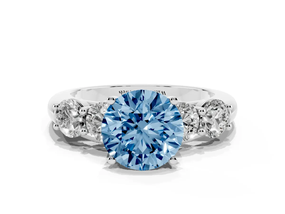 Fancy Blue Round Cut Cut Five-Stone Prong Set Diamond Ring with Classic Band Silver