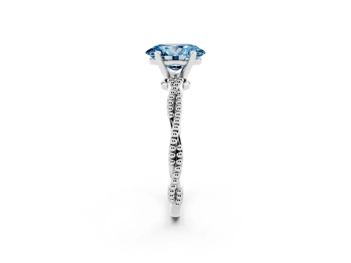 Fancy Blue Oval Cut Solitaire Twisted Band with Bead Prong Setting White gold